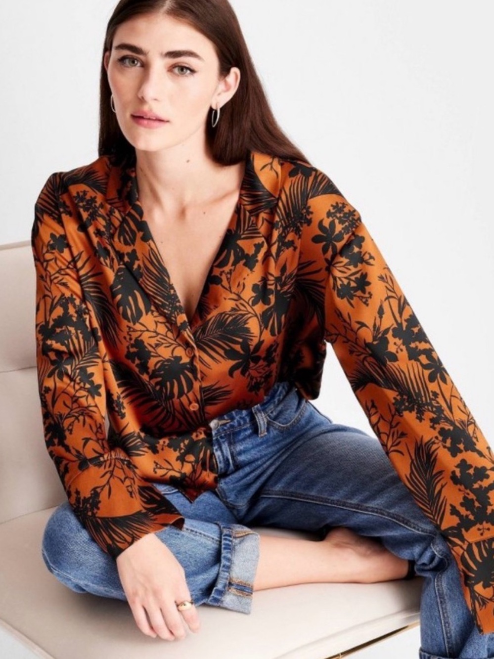 Rust Floral Satin V-Neck Blouse